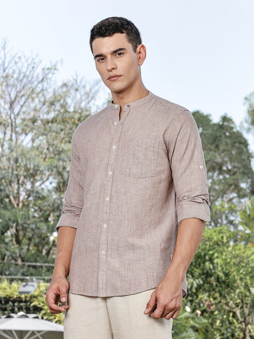 Thomas Scott Men Brown Slim Fit Long Sleeves Mandarin Collar Linen Casual Shirt