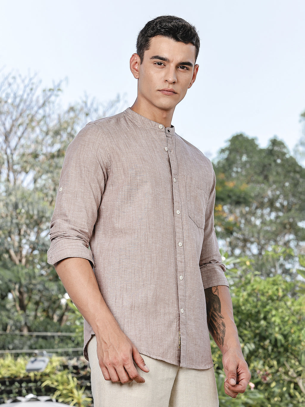 Thomas Scott Men Brown Slim Fit Long Sleeves Mandarin Collar Linen Casual Shirt