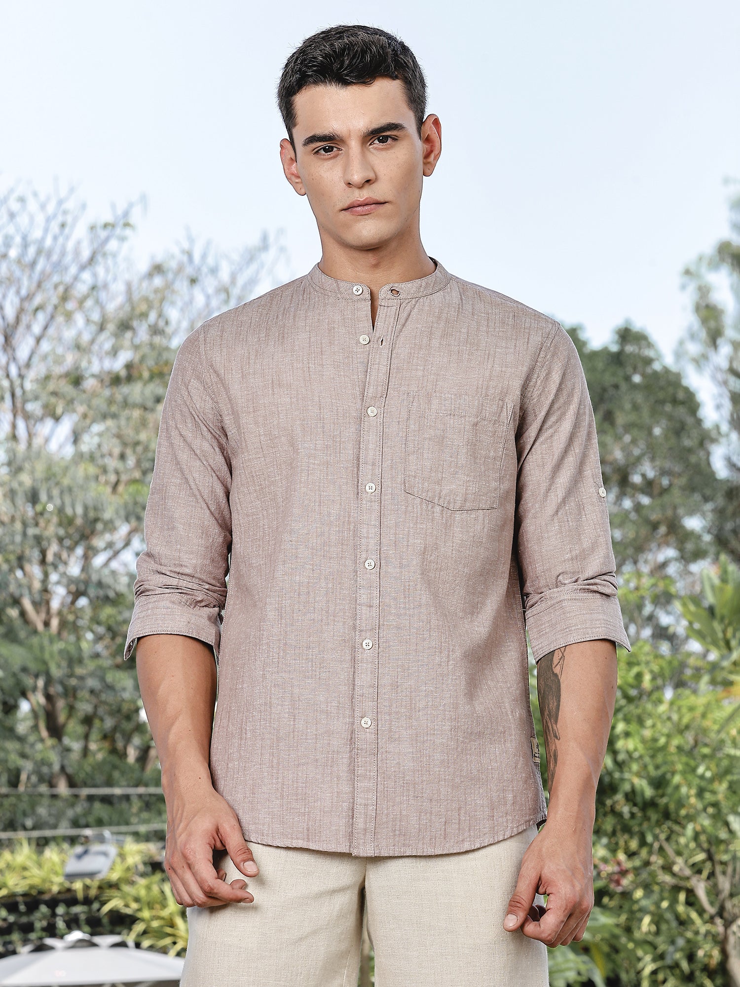 Thomas Scott Men Brown Slim Fit Long Sleeves Mandarin Collar Linen Casual Shirt