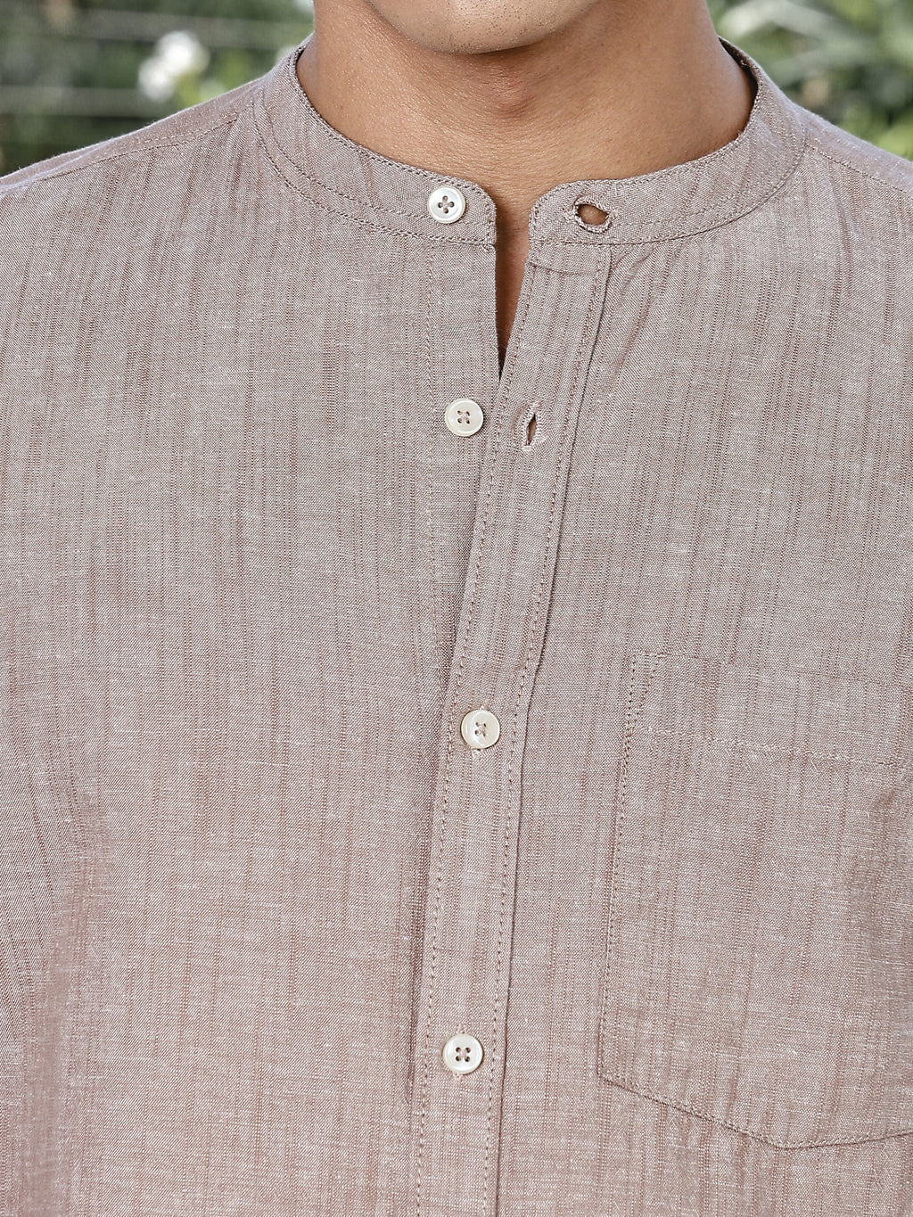 Thomas Scott Men Brown Slim Fit Long Sleeves Mandarin Collar Linen Casual Shirt