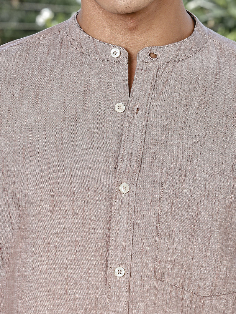 Thomas Scott Men Brown Slim Fit Long Sleeves Mandarin Collar Linen Casual Shirt