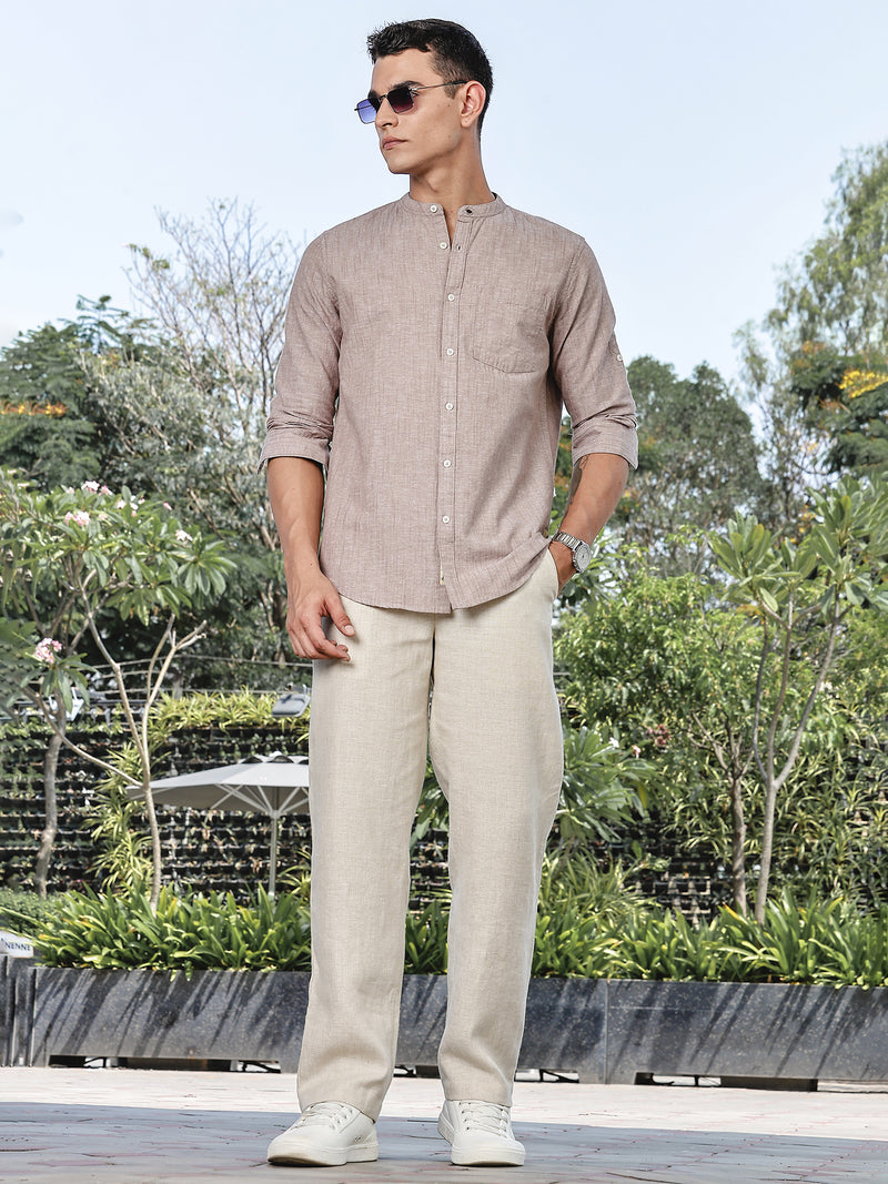 Thomas Scott Men Brown Slim Fit Long Sleeves Mandarin Collar Linen Casual Shirt