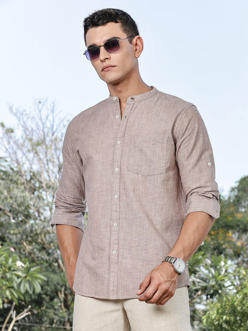 Thomas Scott Men Brown Slim Fit Long Sleeves Mandarin Collar Linen Casual Shirt