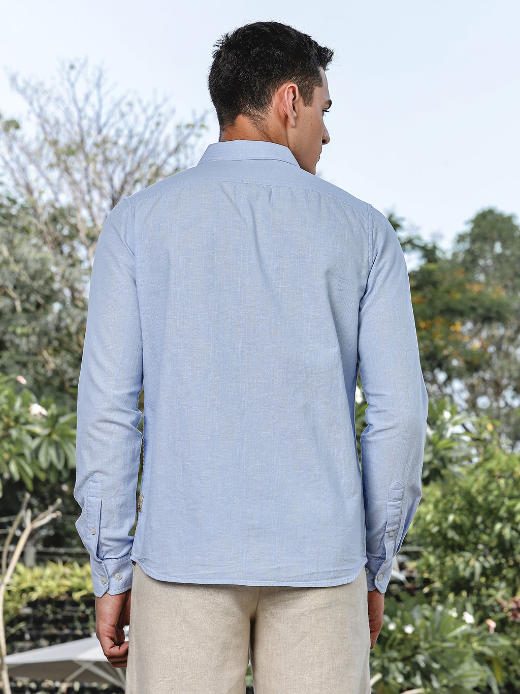 Thomas Scott Men LightBlue Slim Fit Long Sleeves Spread Collar Linen Casual Shirt