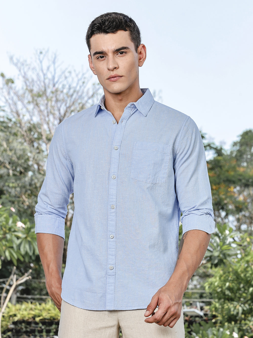 Thomas Scott Men LightBlue Slim Fit Long Sleeves Spread Collar Linen Casual Shirt