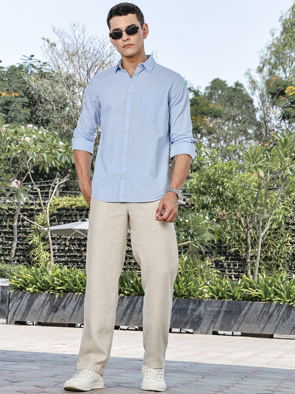 Thomas Scott Men LightBlue Slim Fit Long Sleeves Spread Collar Linen Casual Shirt