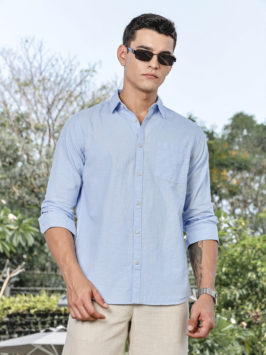 Thomas Scott Men LightBlue Slim Fit Long Sleeves Spread Collar Linen Casual Shirt