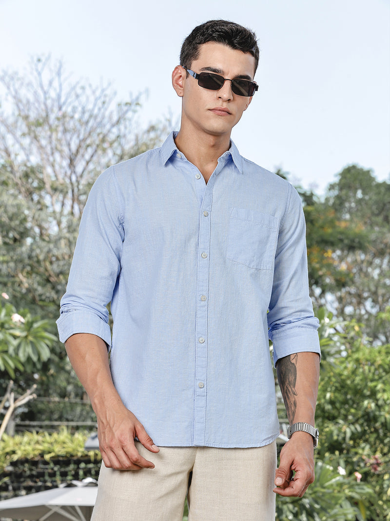 Thomas Scott Men LightBlue Slim Fit Long Sleeves Spread Collar Linen Casual Shirt