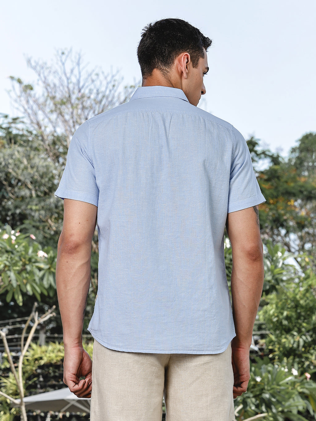Thomas Scott Men LightBlue Slim Fit Short Sleeves Spread Collar Linen Casual Shirt