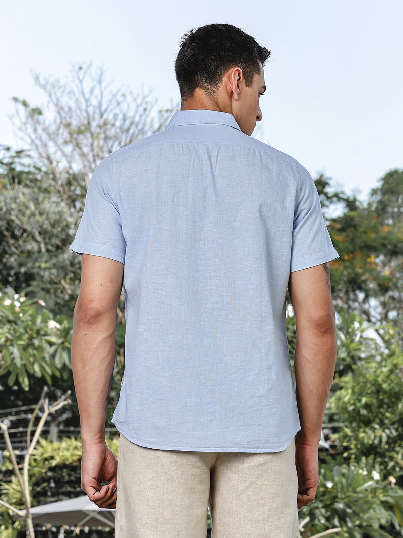 Thomas Scott Men LightBlue Slim Fit Short Sleeves Spread Collar Linen Casual Shirt