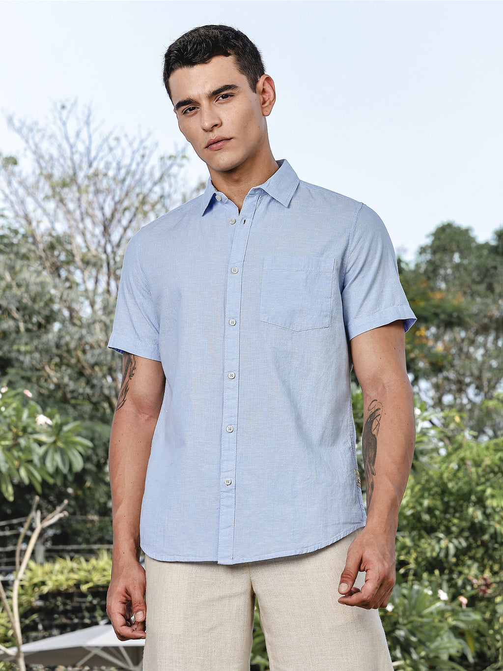 Thomas Scott Men LightBlue Slim Fit Short Sleeves Spread Collar Linen Casual Shirt