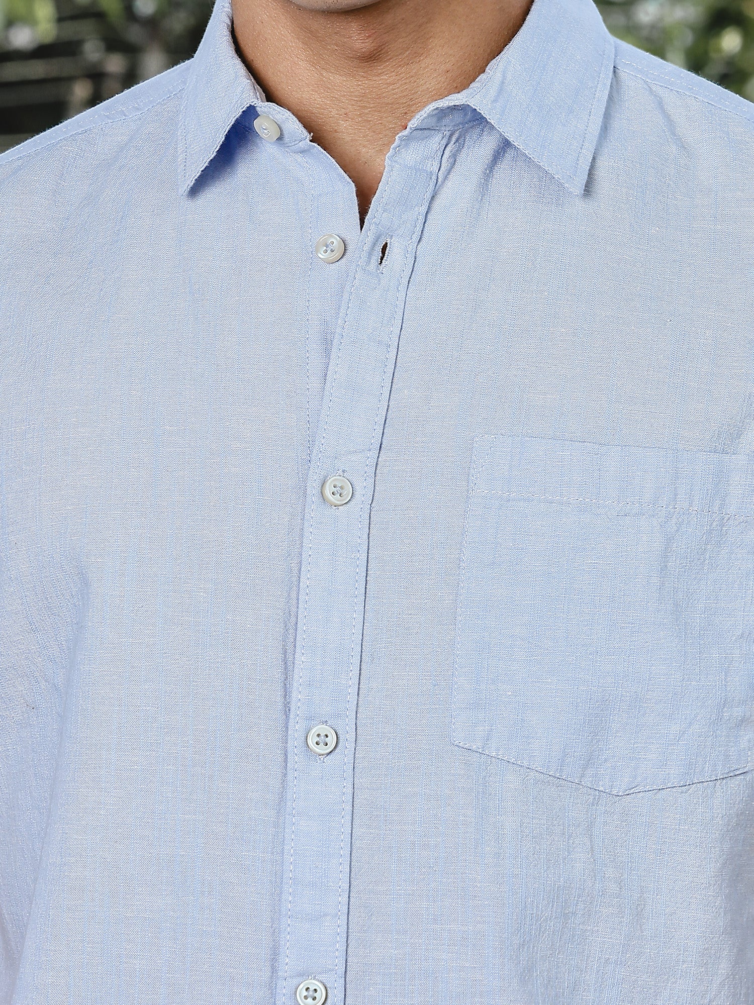 Thomas Scott Men LightBlue Slim Fit Short Sleeves Spread Collar Linen Casual Shirt
