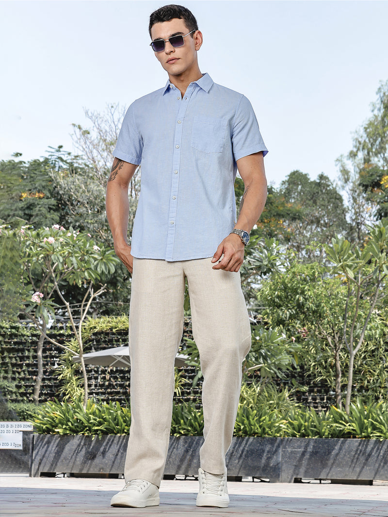 Thomas Scott Men LightBlue Slim Fit Short Sleeves Spread Collar Linen Casual Shirt