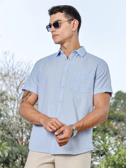 Thomas Scott Men LightBlue Slim Fit Short Sleeves Spread Collar Linen Casual Shirt