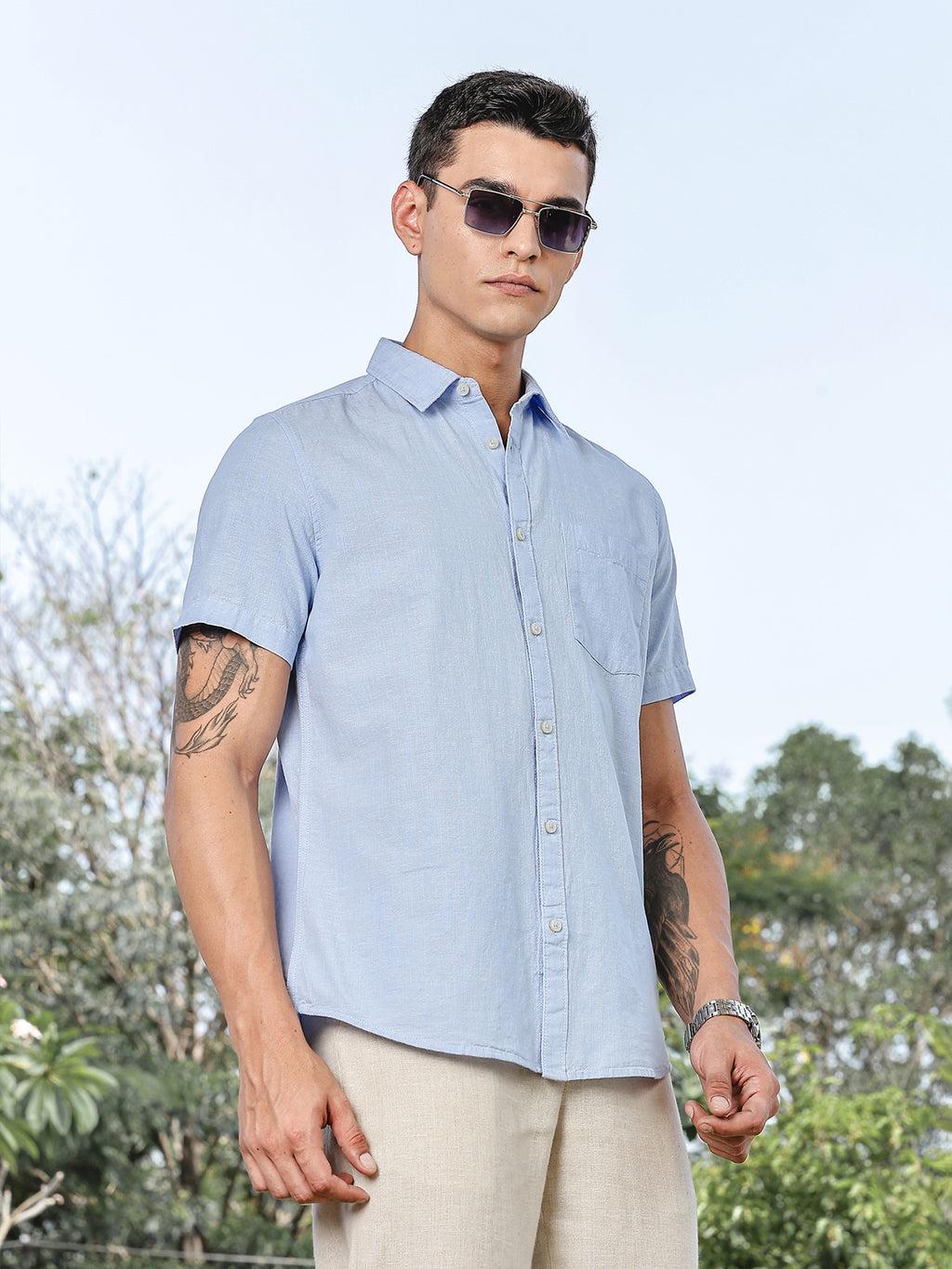 Thomas Scott Men LightBlue Slim Fit Short Sleeves Spread Collar Linen Casual Shirt