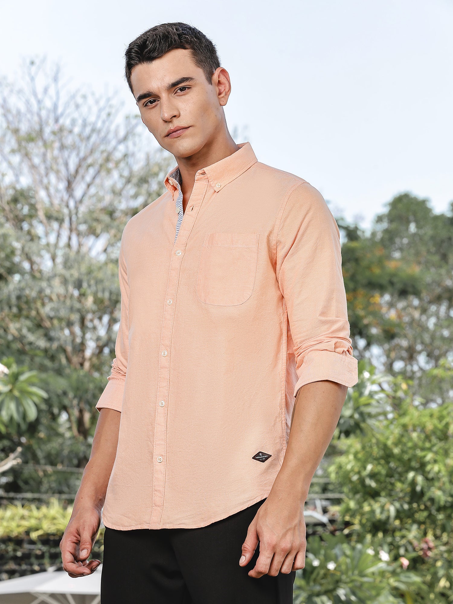 Thomas Scott Men Orange Slim Fit Long Sleeves Button-Down Collar Oxford Casual Shirt
