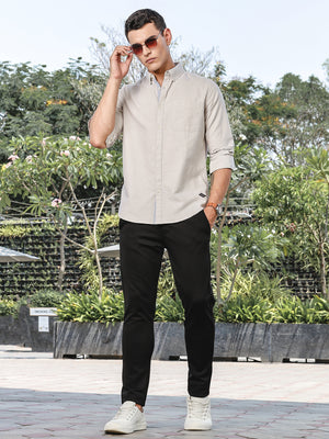 Beige Slim Fit Long Sleeves Button-Down Collar Oxford Casual Shirt For Men