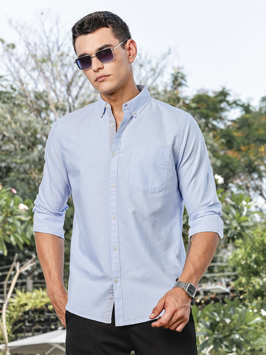 Thomas Scott Men SkyBlue Slim Fit Long Sleeves Button-Down Collar Oxford Casual Shirt