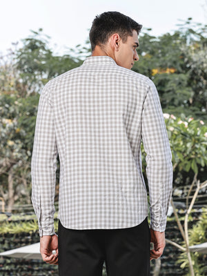 Thomas Scott Men Grey Slim Fit Long Sleeve Gingham Checks Cotton Casual Shirt