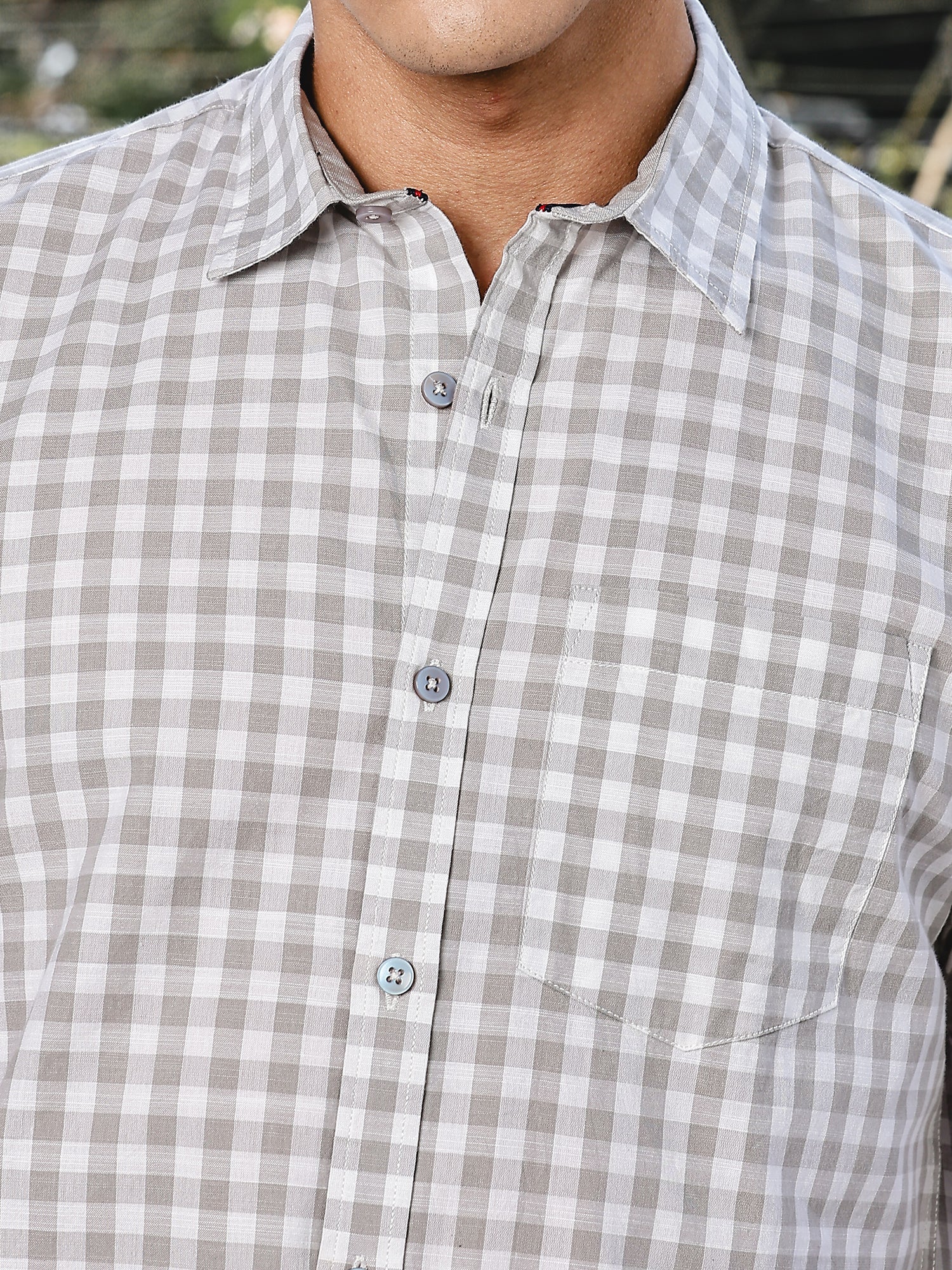 Thomas Scott Men Grey Slim Fit Long Sleeve Gingham Checks Cotton Casual Shirt