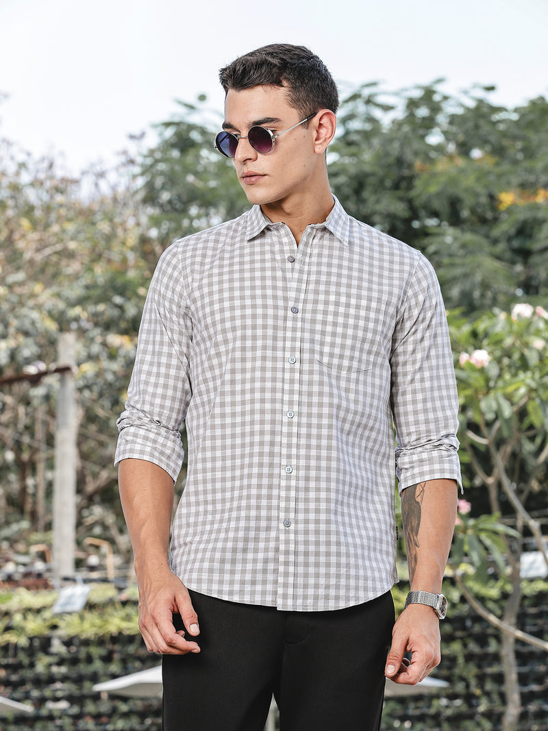 Thomas Scott Men Grey Slim Fit Long Sleeve Gingham Checks Cotton Casual Shirt