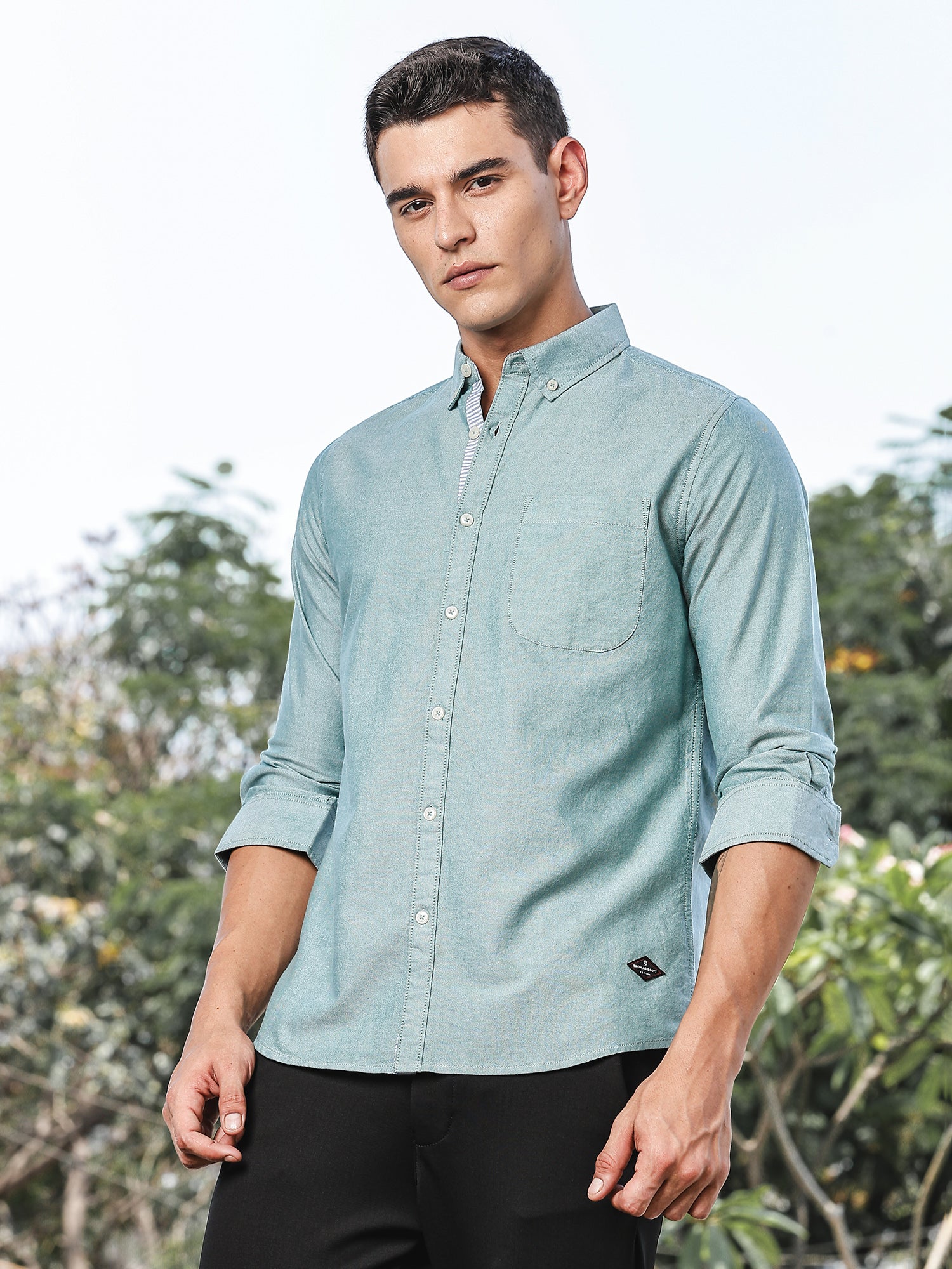Thomas Scott Men DarkGreen Slim Fit Long Sleeves Button-Down Collar Oxford Casual Shirt