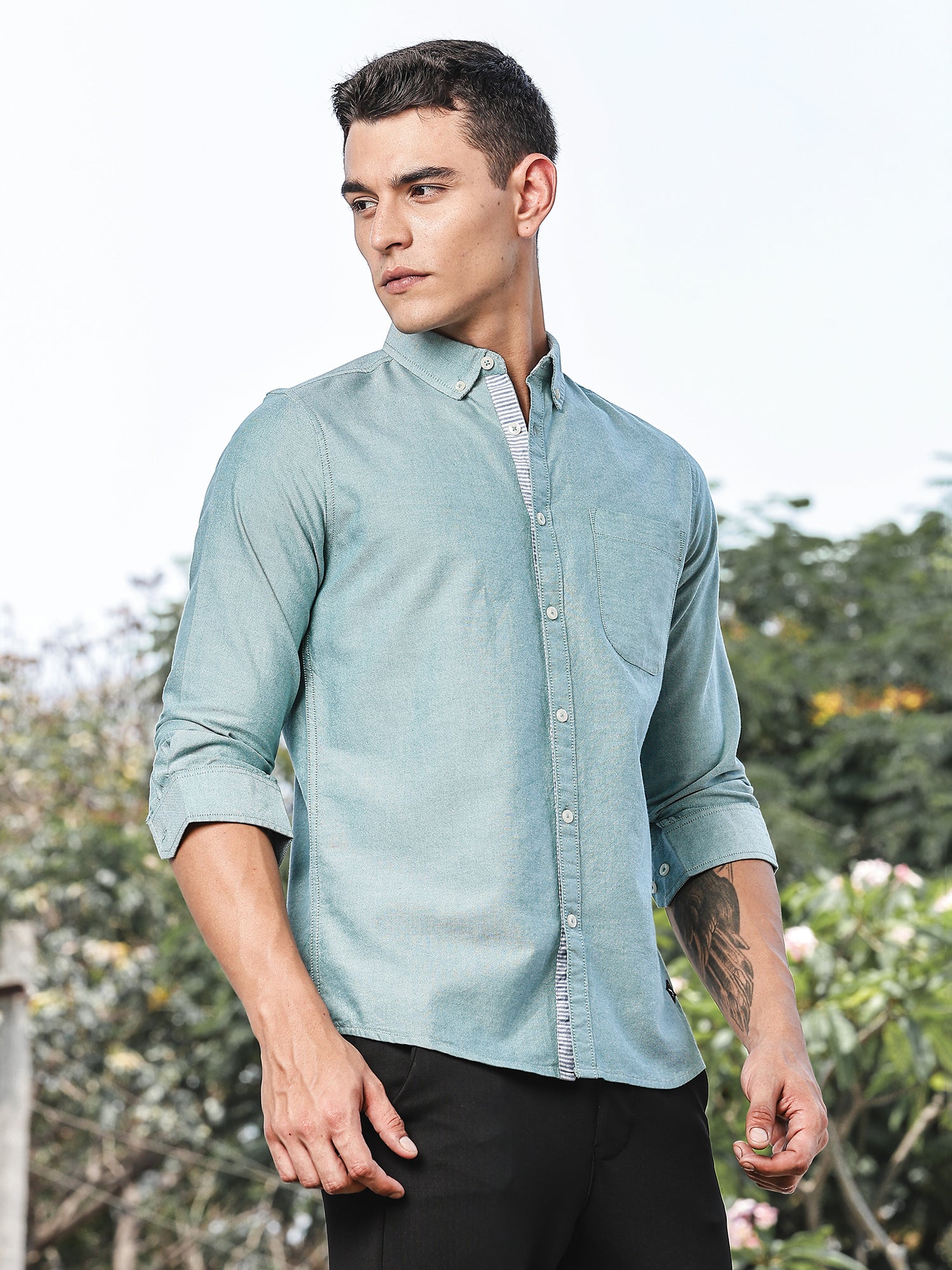 Thomas Scott Men DarkGreen Slim Fit Long Sleeves Button-Down Collar Oxford Casual Shirt