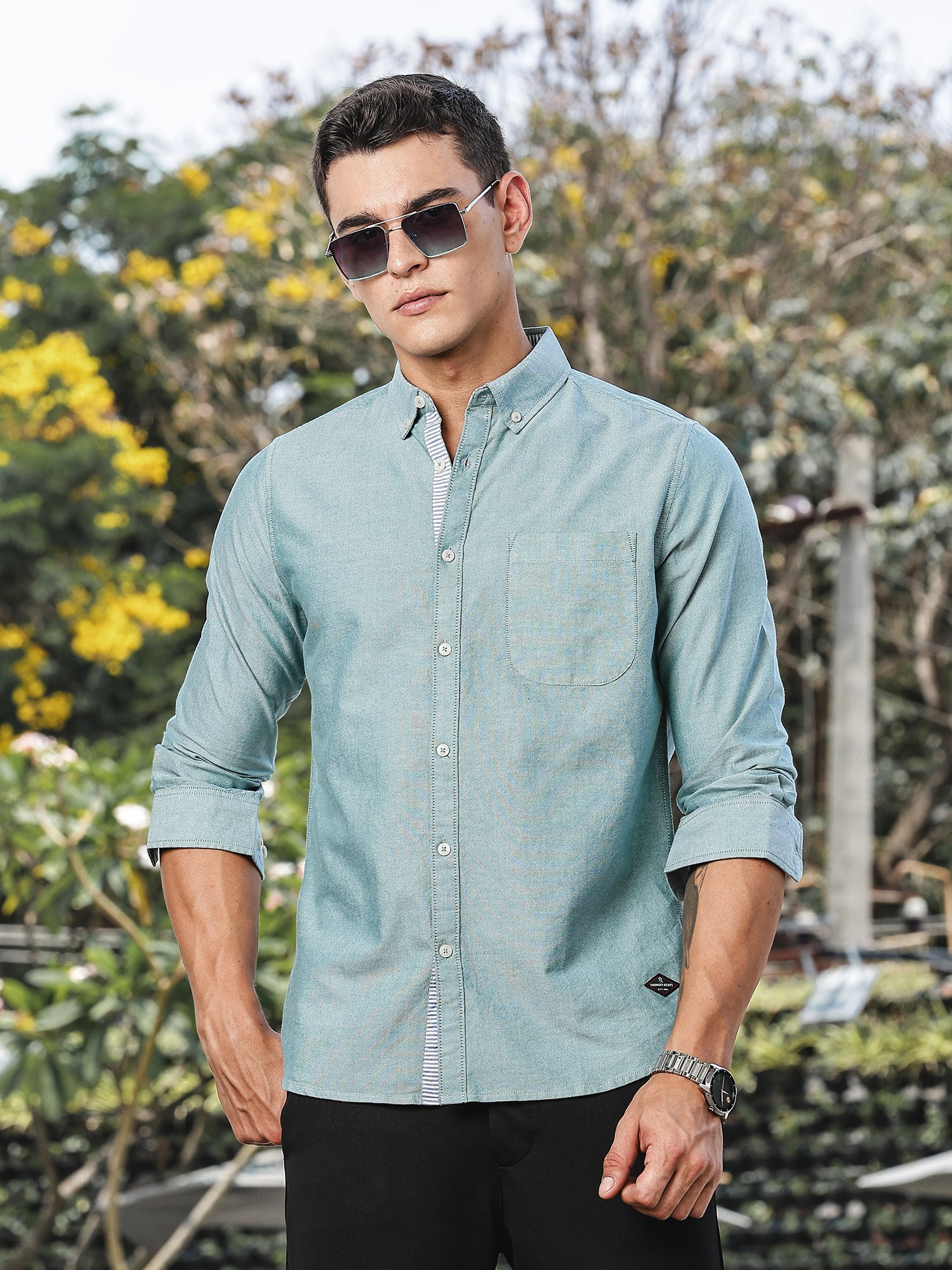 Thomas Scott Men DarkGreen Slim Fit Long Sleeves Button-Down Collar Oxford Casual Shirt