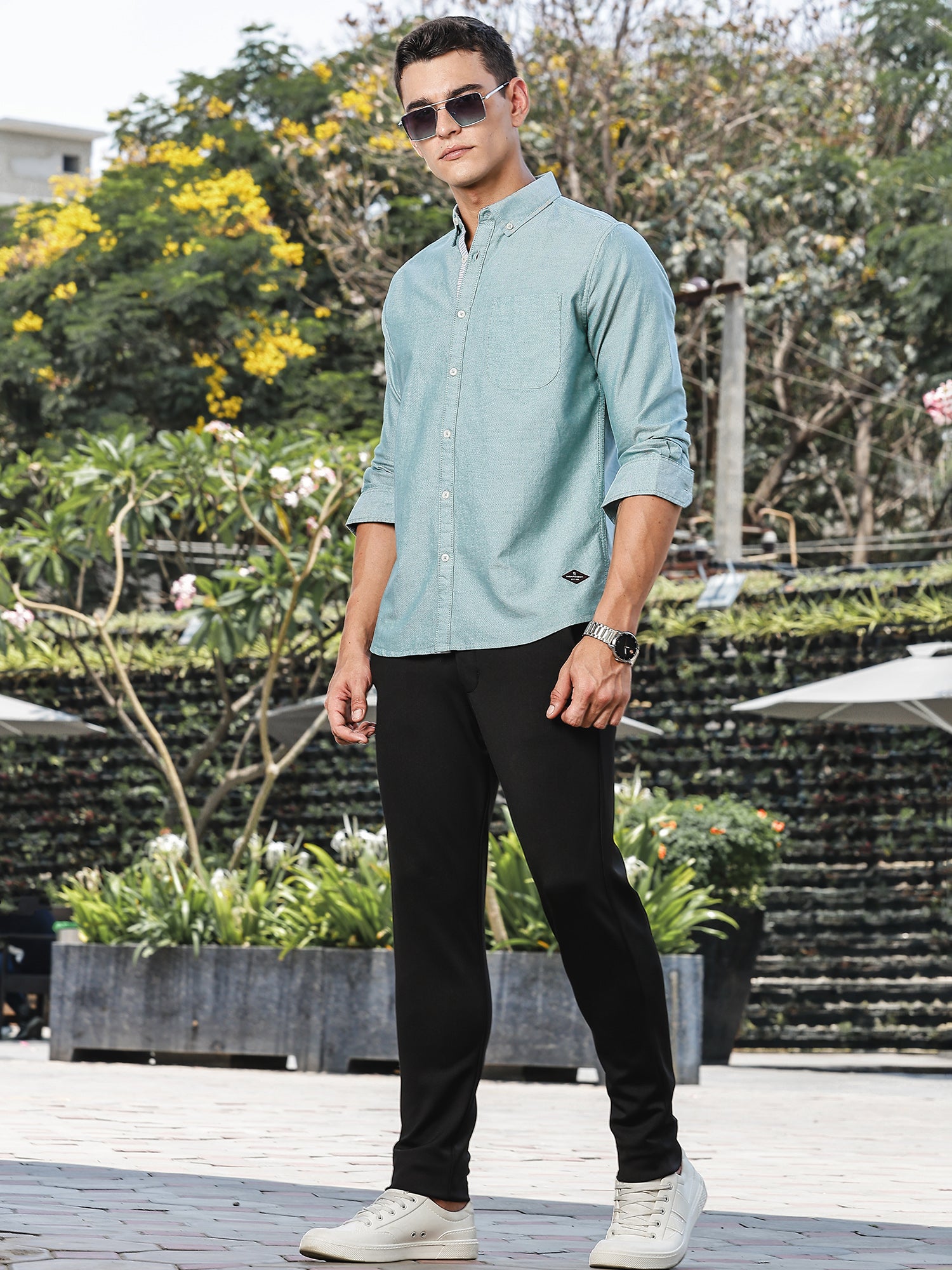 Thomas Scott Men DarkGreen Slim Fit Long Sleeves Button-Down Collar Oxford Casual Shirt