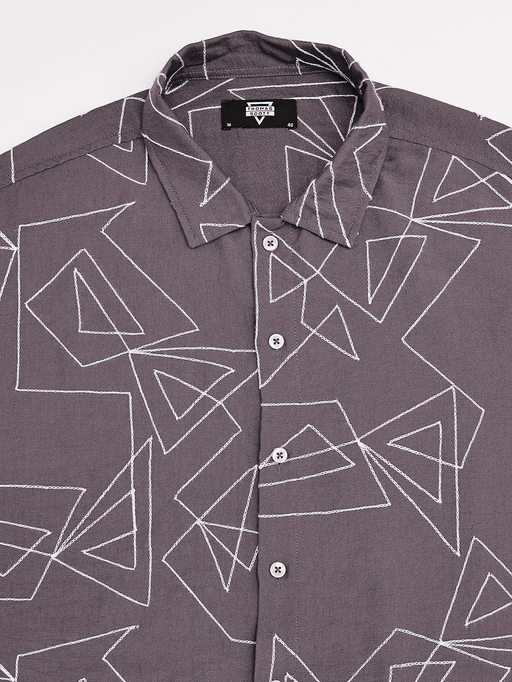 Thomas Scott Men Brown Regular Fit Short Sleeves Spread Collar Embroidered Shirt