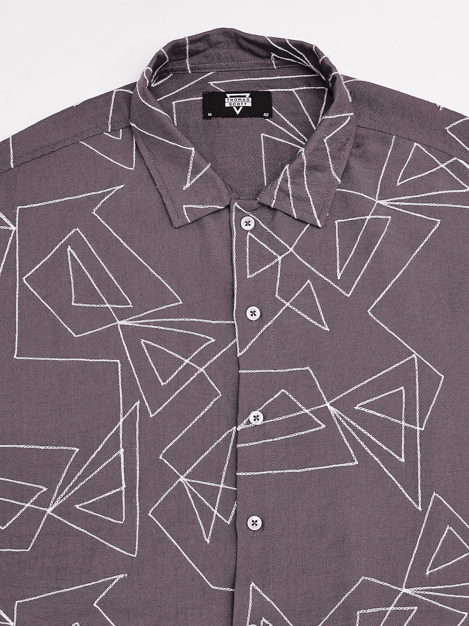 Thomas Scott Men Brown Regular Fit Short Sleeves Spread Collar Embroidered Shirt