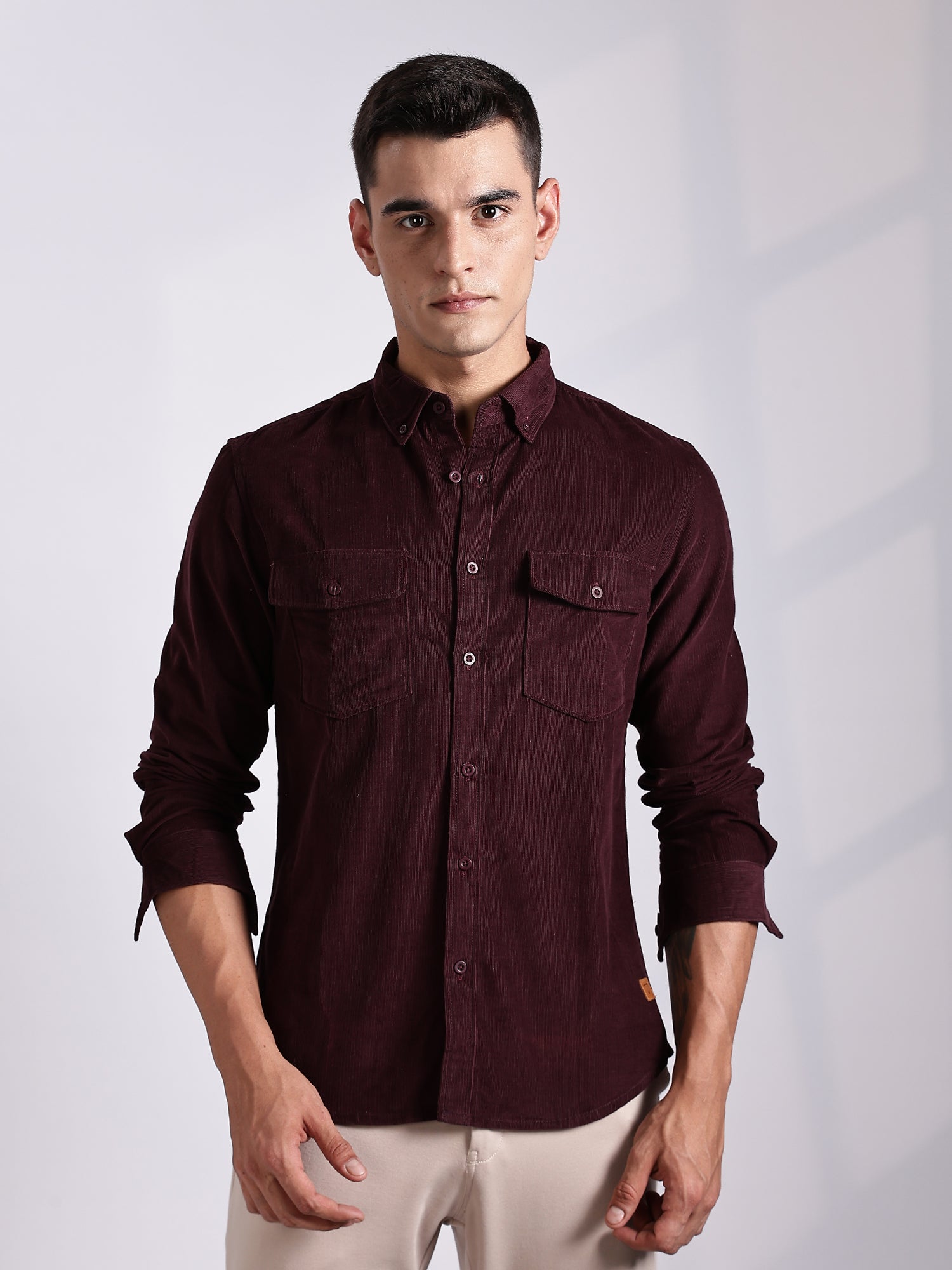 Thomas Scott Men Maroon Regular Fit Long Sleeves Cotton Corduroy Casual Shirt