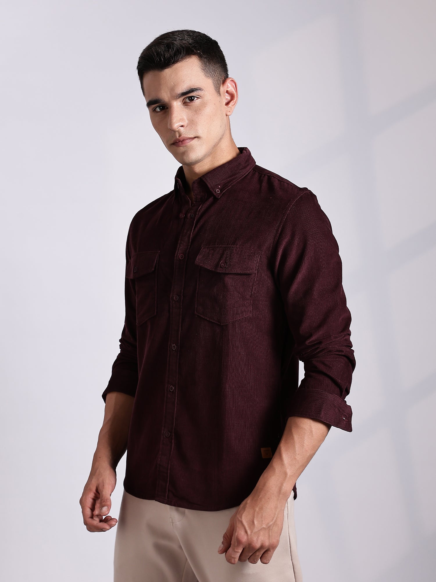 Thomas Scott Men Maroon Regular Fit Long Sleeves Cotton Corduroy Casual Shirt