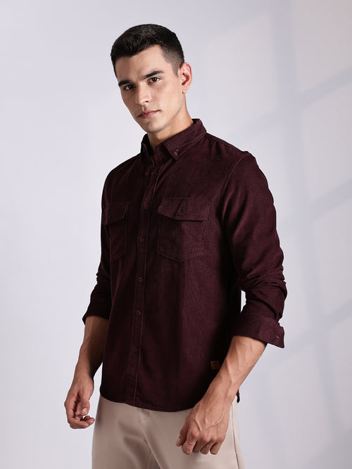 Thomas Scott Men Maroon Regular Fit Long Sleeves Cotton Corduroy Casual Shirt