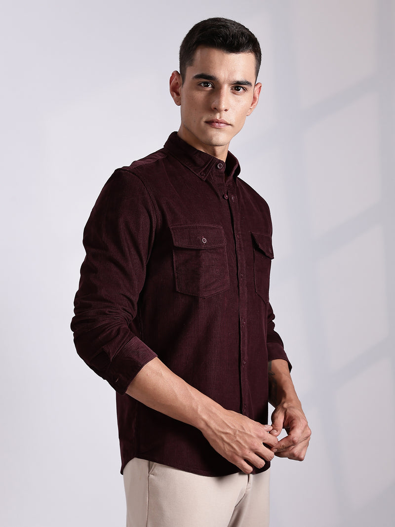 Thomas Scott Men Maroon Regular Fit Long Sleeves Cotton Corduroy Casual Shirt