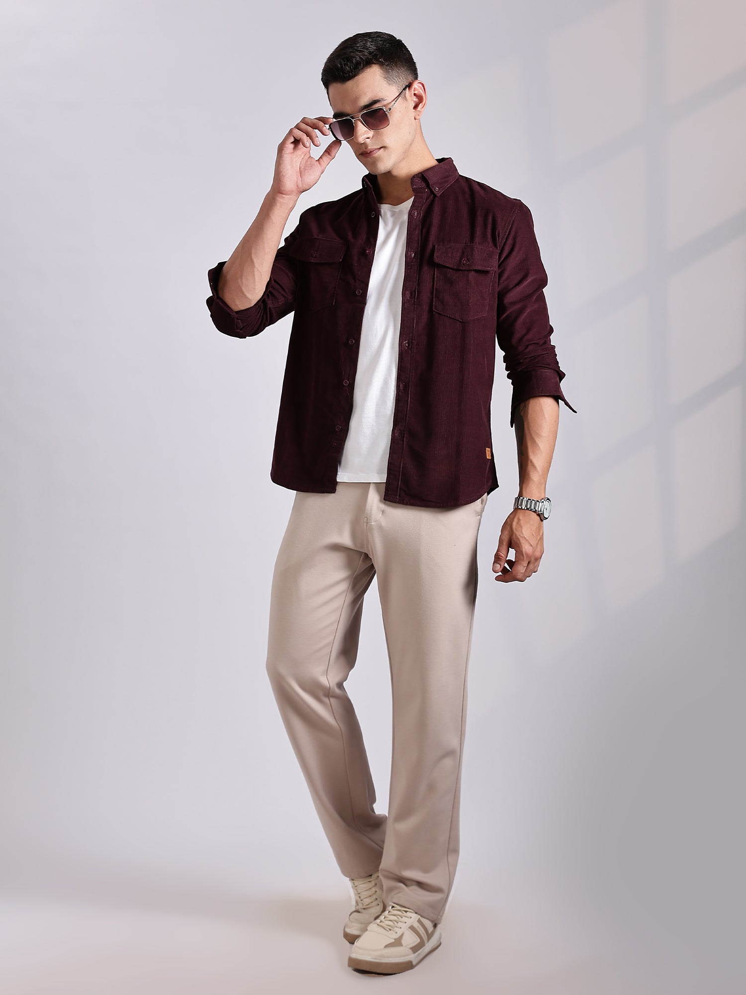 Thomas Scott Men Maroon Regular Fit Long Sleeves Cotton Corduroy Casual Shirt