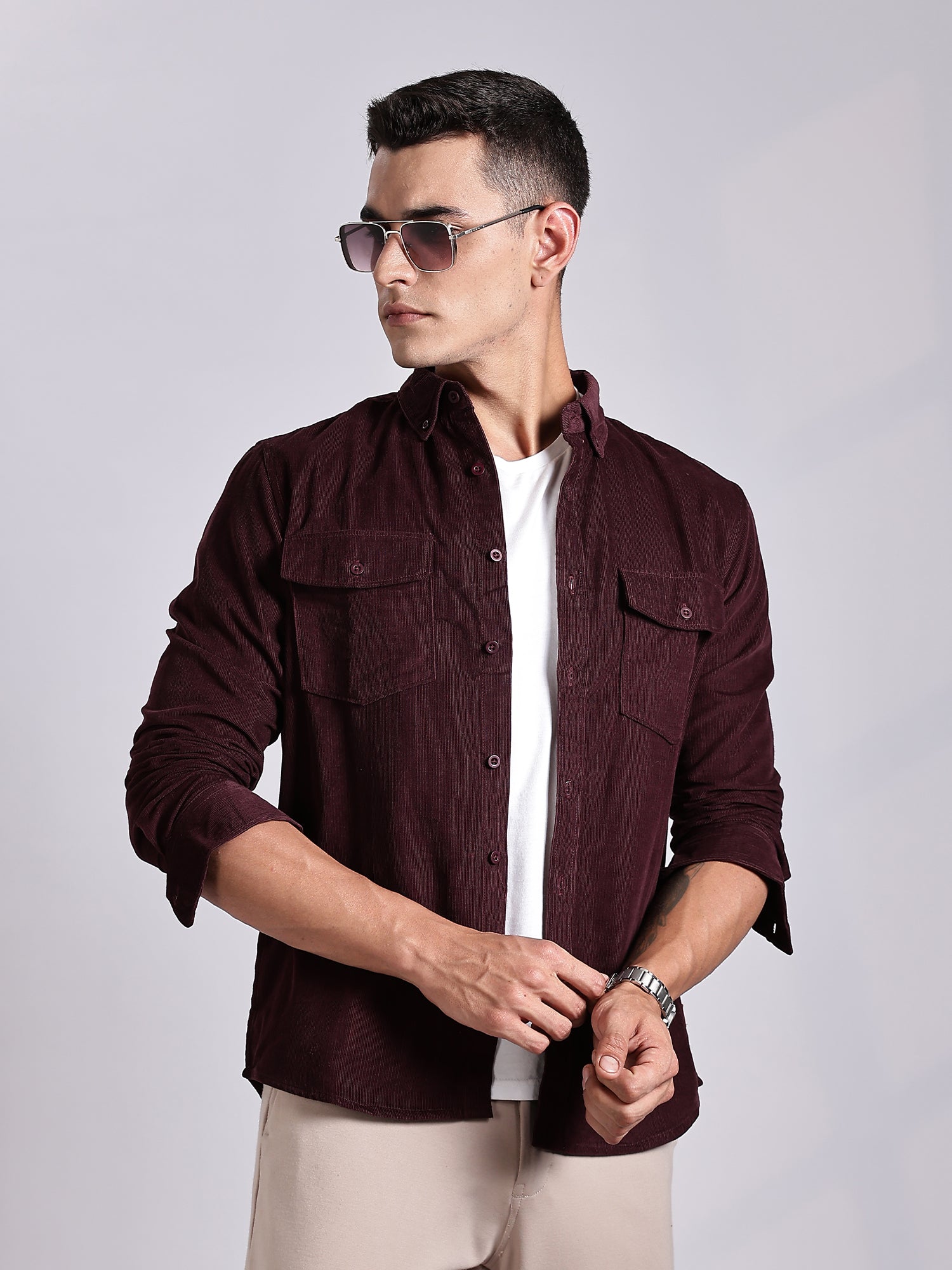 Thomas Scott Men Maroon Regular Fit Long Sleeves Cotton Corduroy Casual Shirt
