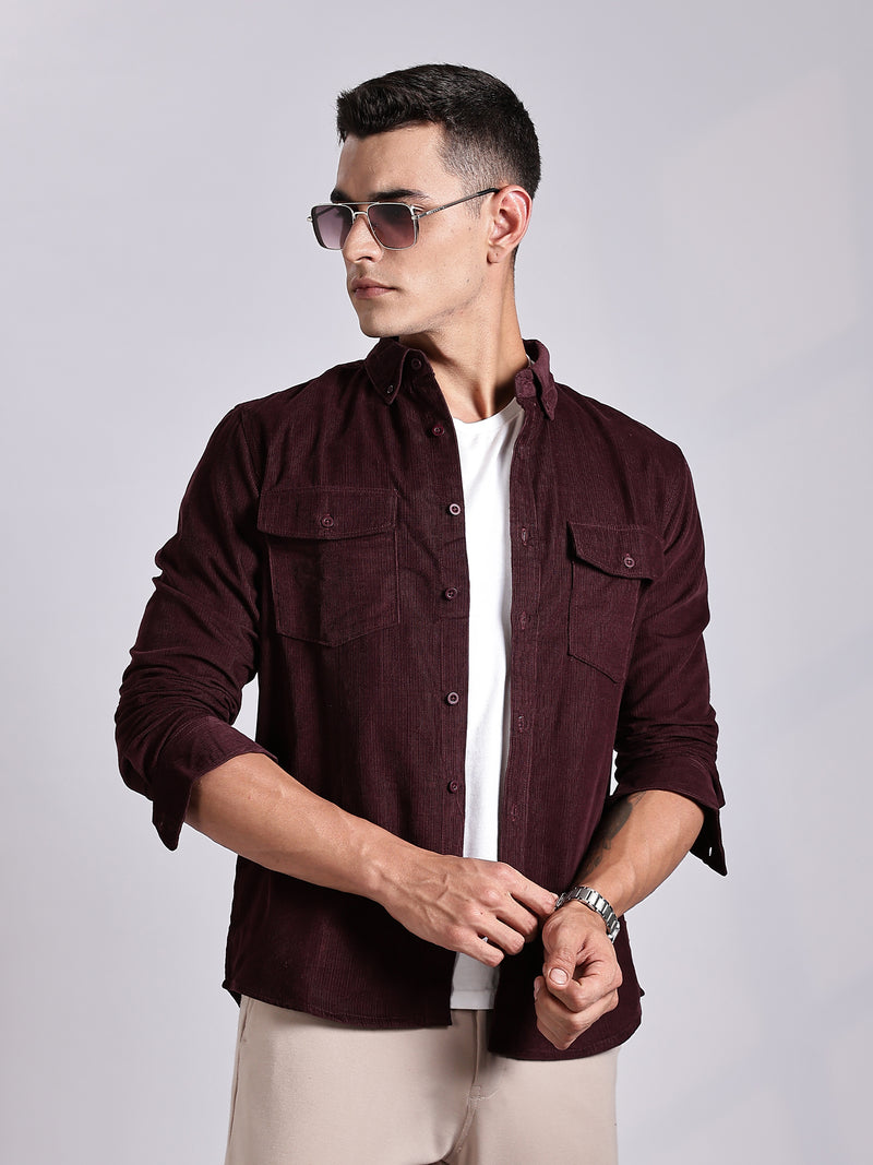Thomas Scott Men Maroon Regular Fit Long Sleeves Cotton Corduroy Casual Shirt