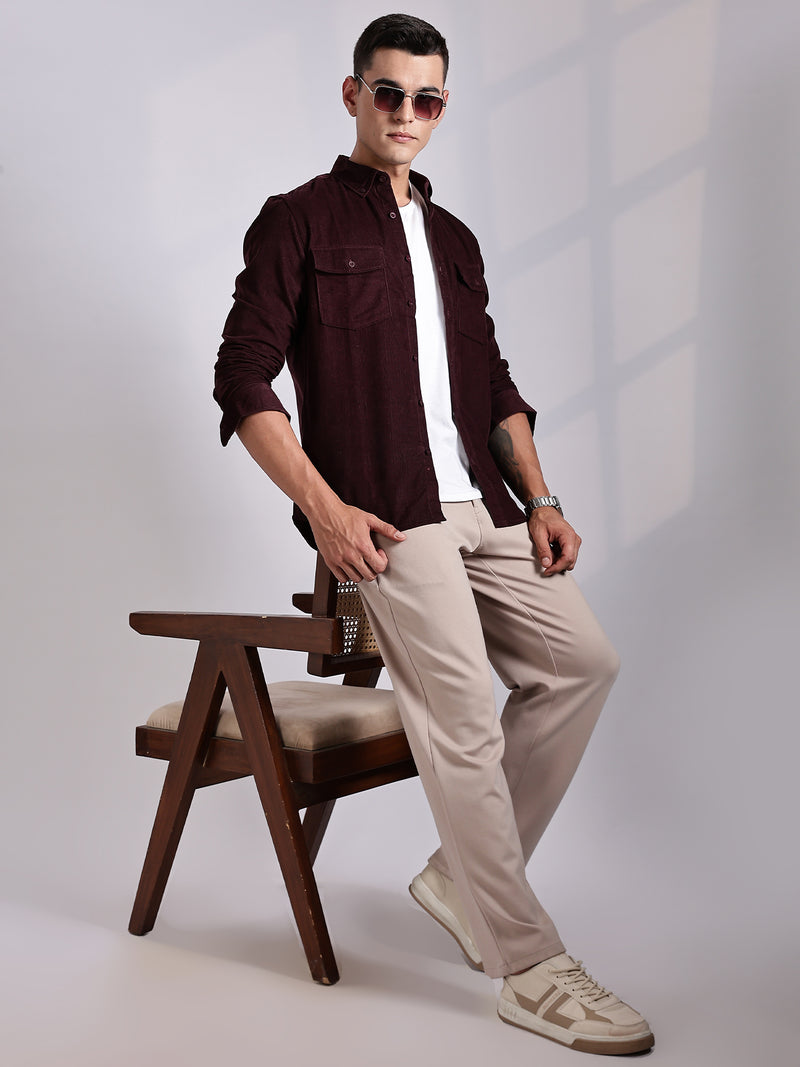 Thomas Scott Men Maroon Regular Fit Long Sleeves Cotton Corduroy Casual Shirt