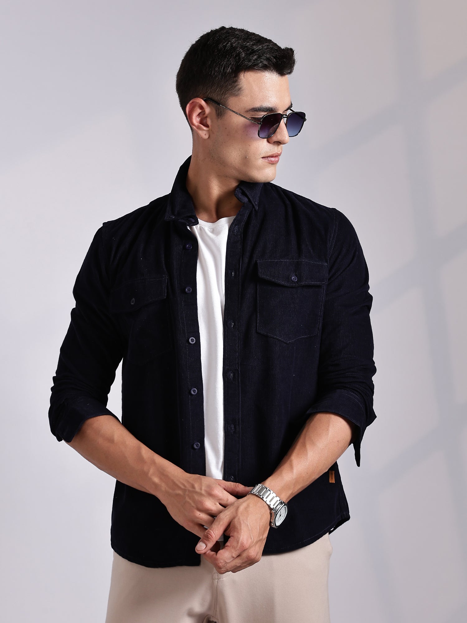 Thomas Scott Men NavyBlue Regular Fit Long Sleeves Cotton Corduroy Casual Shirt