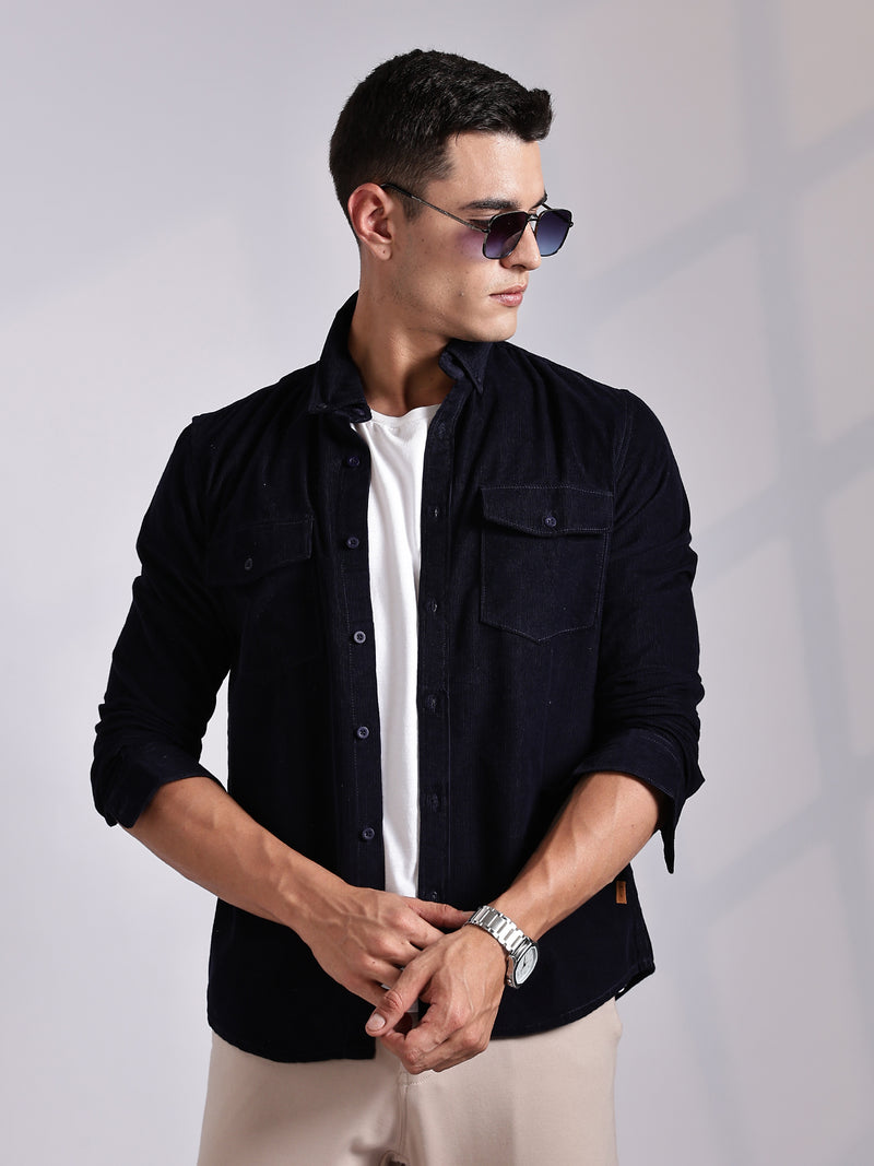 Thomas Scott Men NavyBlue Regular Fit Long Sleeves Cotton Corduroy Casual Shirt