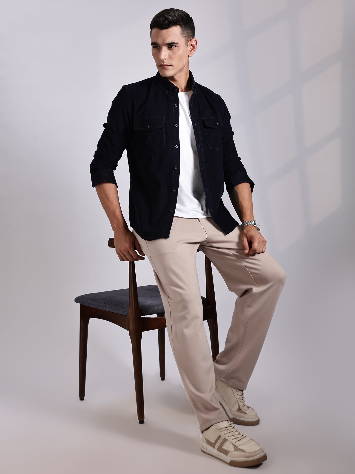 Thomas Scott Men NavyBlue Regular Fit Long Sleeves Cotton Corduroy Casual Shirt