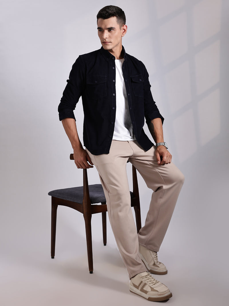 Thomas Scott Men NavyBlue Regular Fit Long Sleeves Cotton Corduroy Casual Shirt