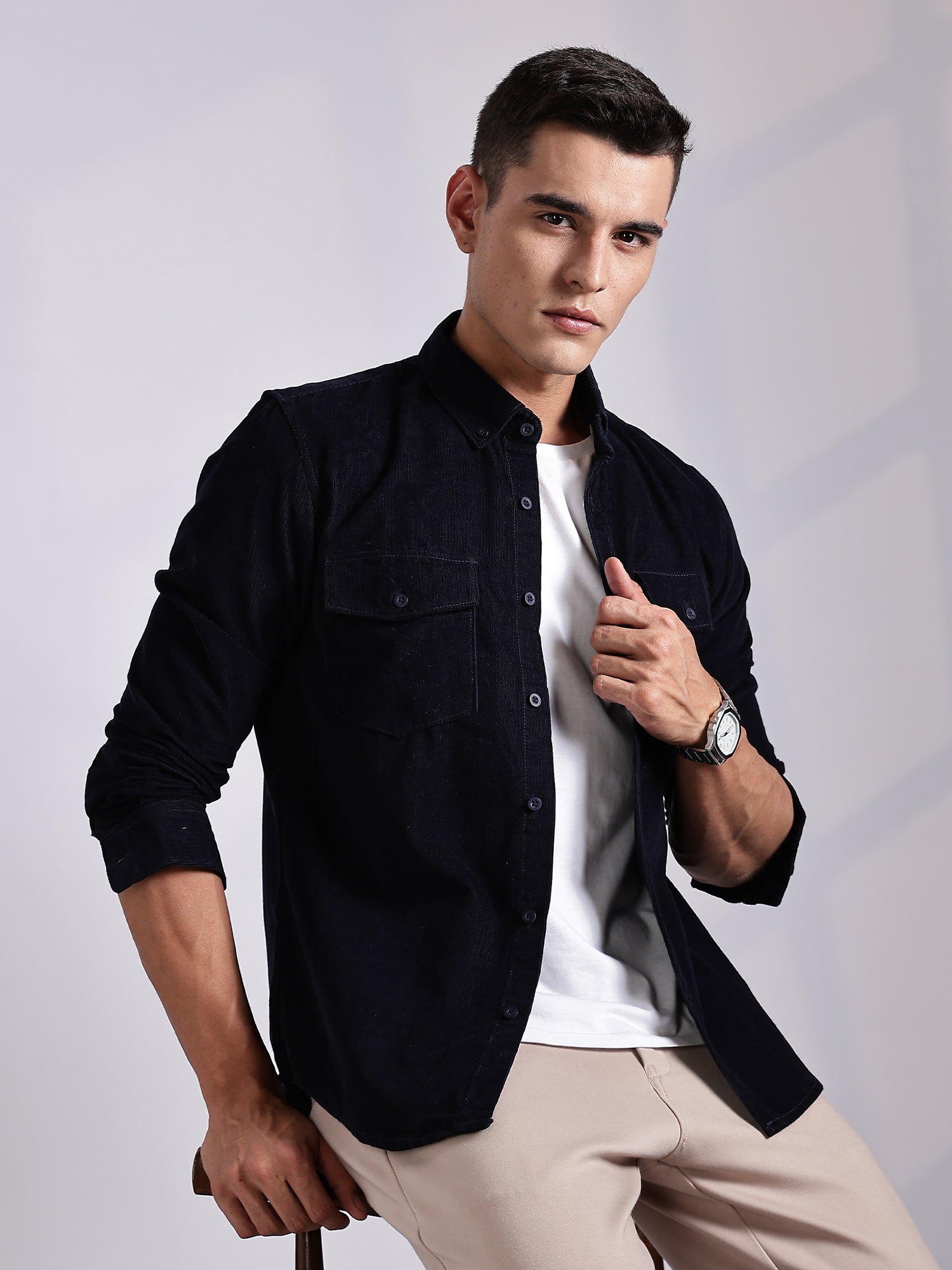 Thomas Scott Men NavyBlue Regular Fit Long Sleeves Cotton Corduroy Casual Shirt