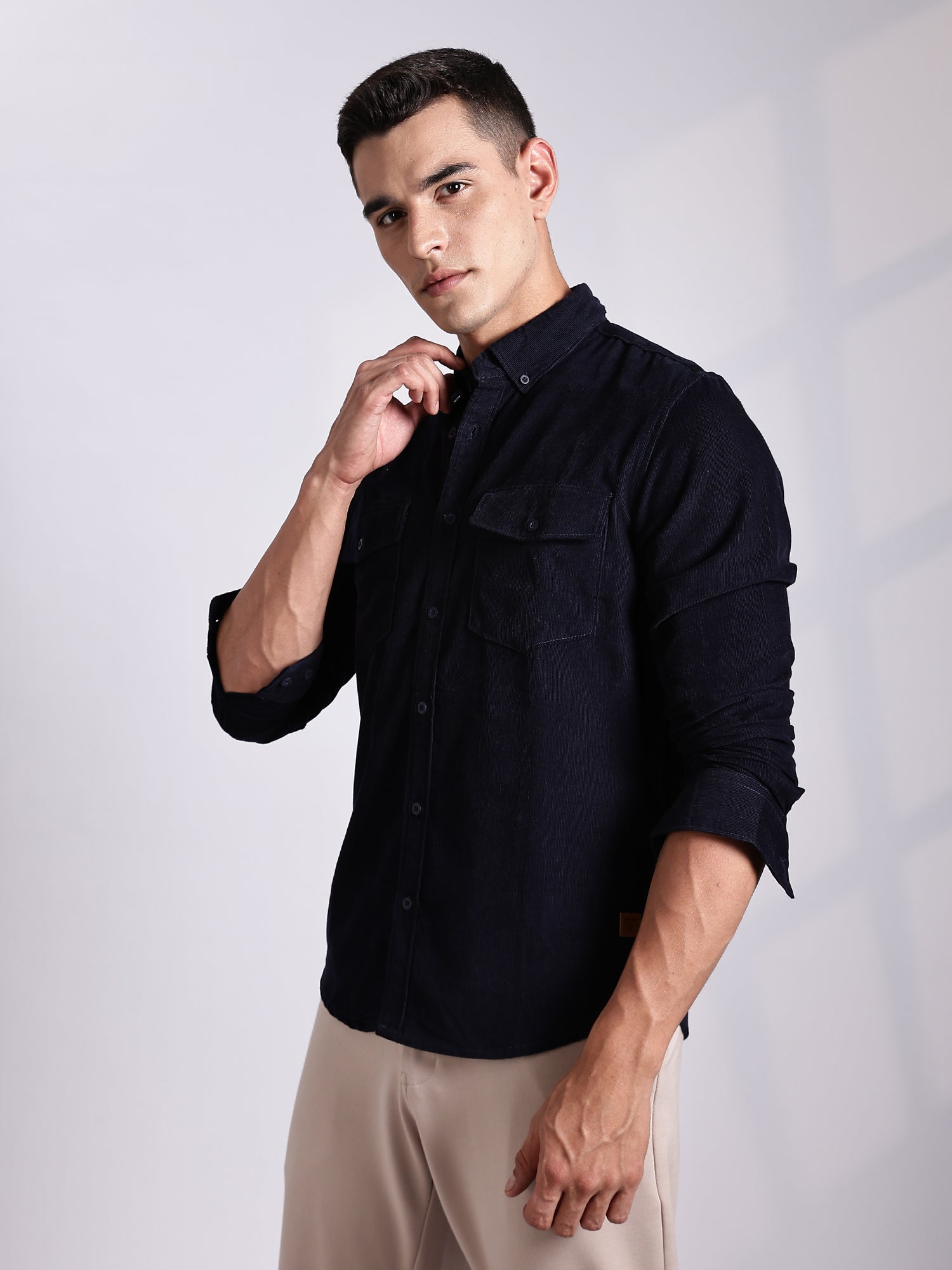 Thomas Scott Men NavyBlue Regular Fit Long Sleeves Cotton Corduroy Casual Shirt