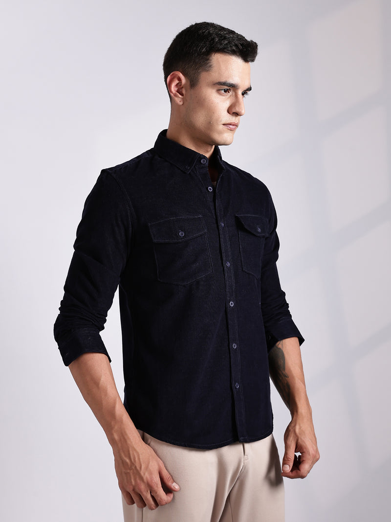 Thomas Scott Men NavyBlue Regular Fit Long Sleeves Cotton Corduroy Casual Shirt