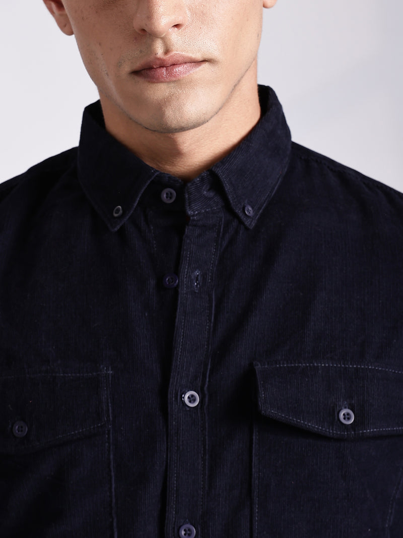 Thomas Scott Men NavyBlue Regular Fit Long Sleeves Cotton Corduroy Casual Shirt
