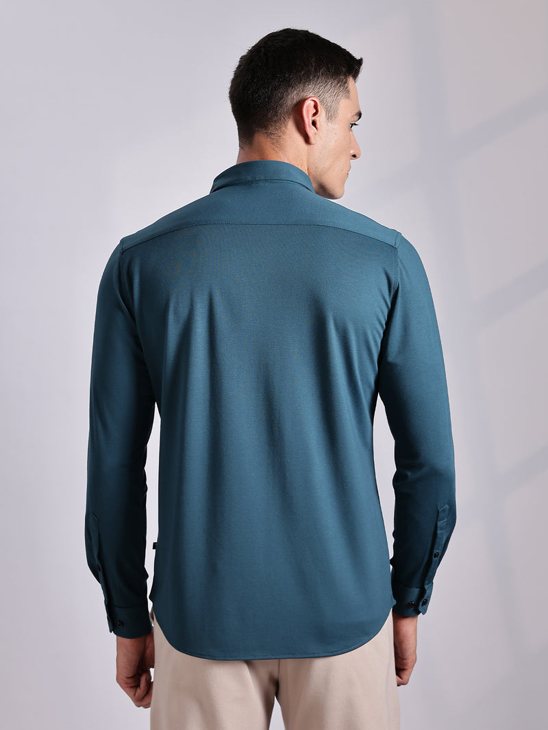 Thomas Scott Men Teal Slim Fit Long Sleeve Solid Knitted Casual Shirt