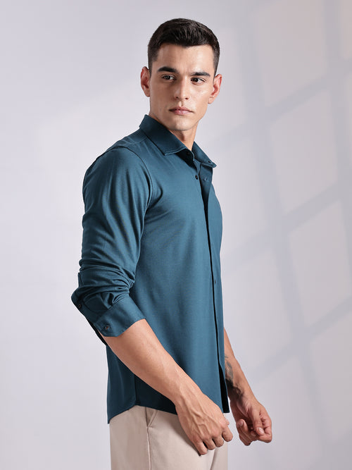 Thomas Scott Men Teal Slim Fit Long Sleeve Solid Knitted Casual Shirt