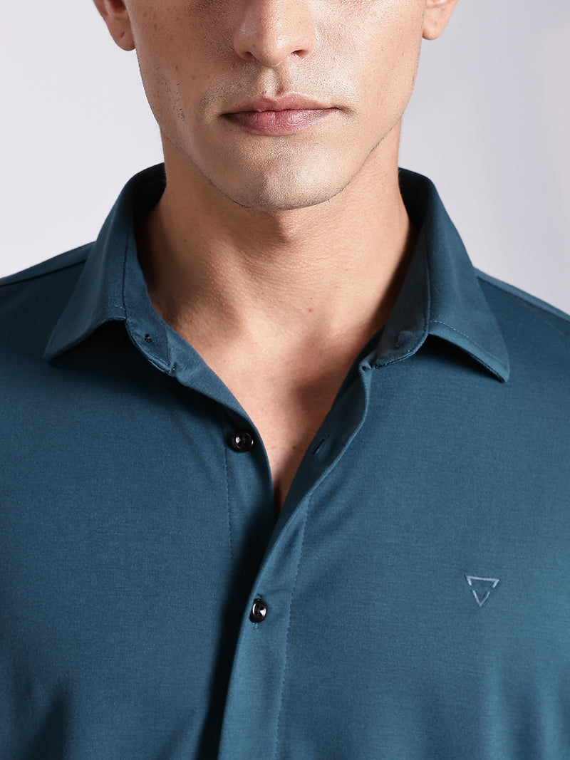 Thomas Scott Men Teal Slim Fit Long Sleeve Solid Knitted Casual Shirt